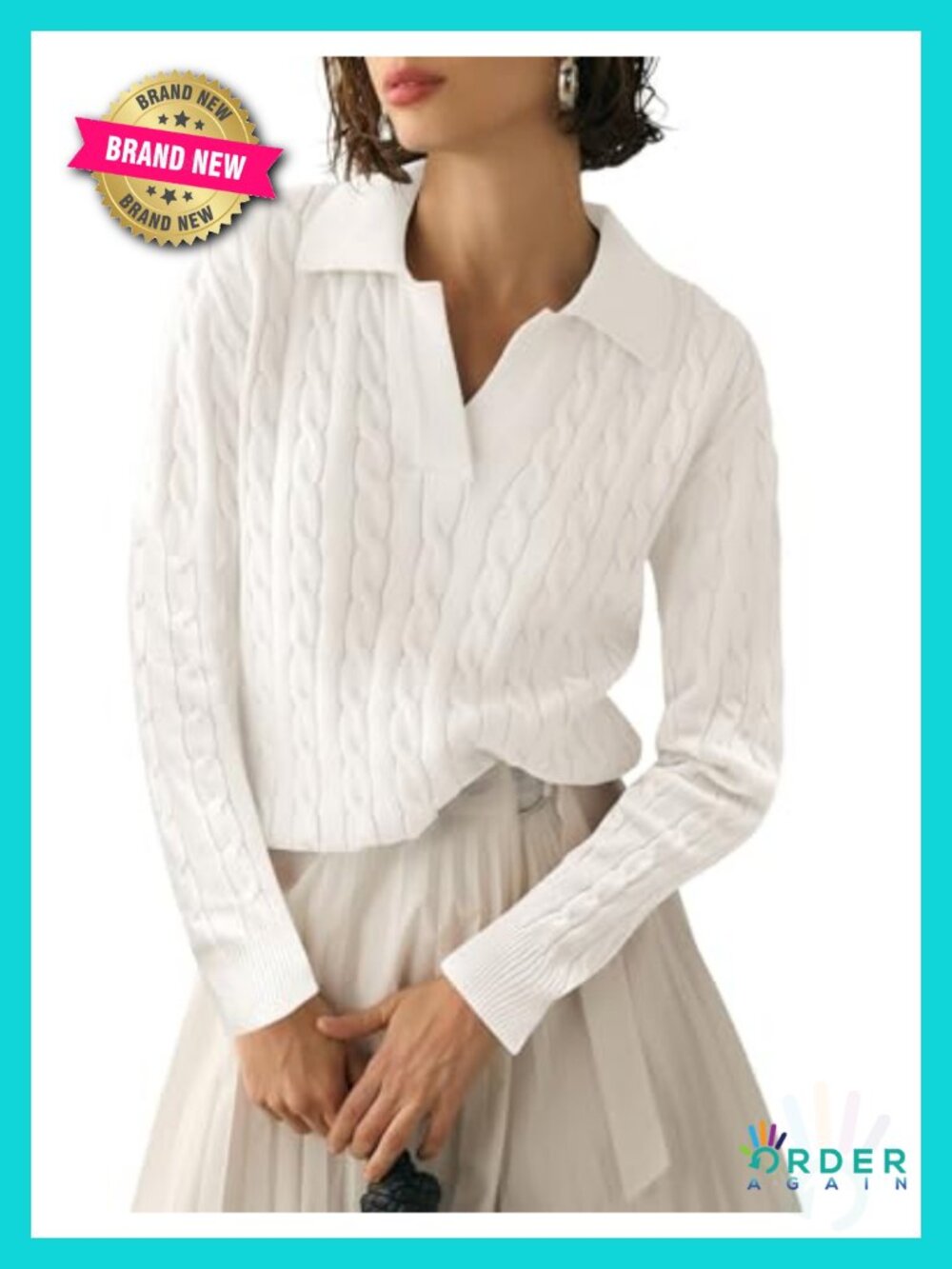 Micoson Womens Cable Knit V-Neck Lapel Long Sleeve Pullover Sweater